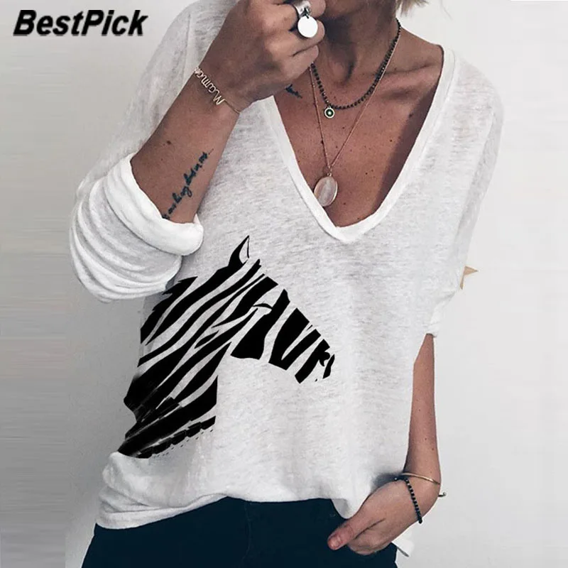 

2020 Elegant Women Long Sleeve Tshirts Casual Zebra Animal Printed White Tshirt Women V Neck Graphic Tees Women Aesthetic Tops
