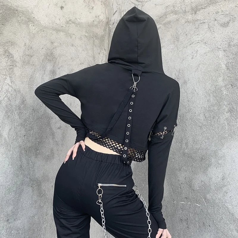 

Fitshinling Gothic Dark Women Hoodies And Sweatshirts Patchwork Mesh Belt Grunge Hoodie Crop Top Slim Black Hooded Sweatshirt
