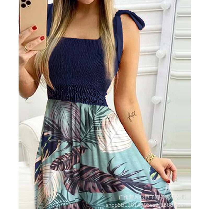 

WEPBEL Square Collar Dress Women's Floral Print Slim Fit Pleated Dress Sexy Lace-up Spaghetti Strap High Waist Backless Dress