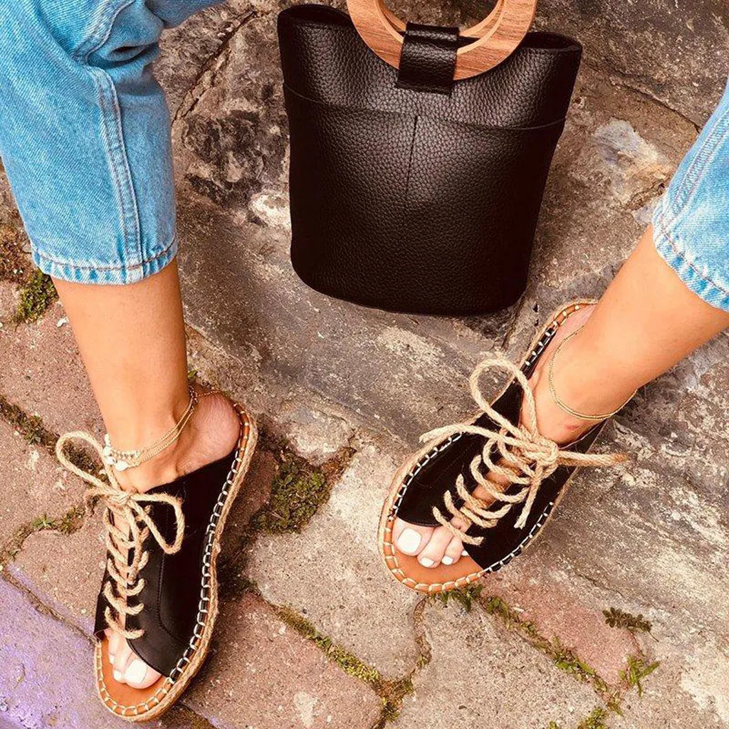Женские сандалии с открытым носком из пеньки на шнуровке плоская подошва