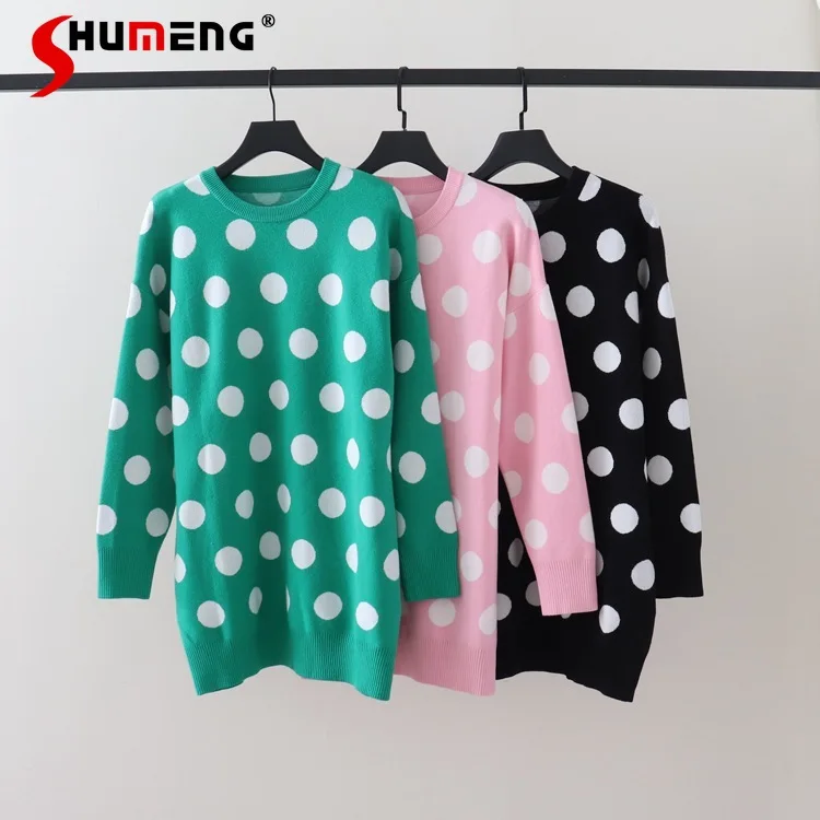 

Свитер средней длины в горошек, с круглым вырезом и длинным рукавом