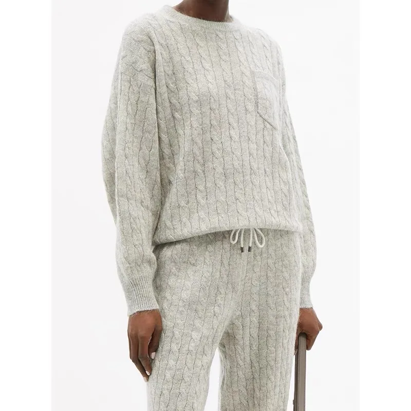 

Женский кашемировый свитер, стильный однониточный свитер с круглым вырезом, карманом из витой веревки и цепочкой для отдыха, новинка 2021