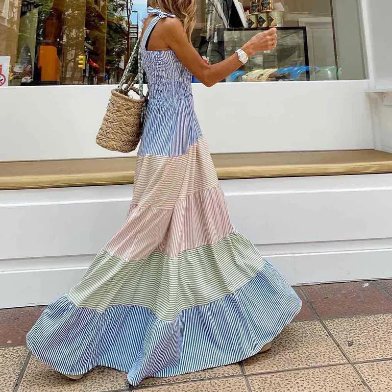

Patchwork Print Spaghetti Strap Dresses Woman Summer 2021 Lace Up Bow Sleeveless Maxi Dress Female Party Beach Vintage Vestidos