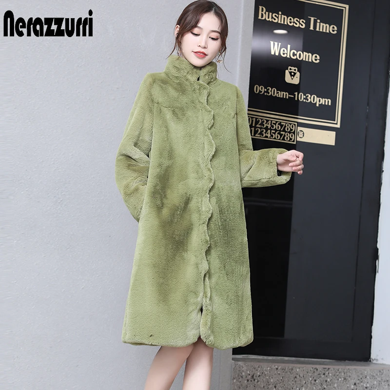 

Nerazzurri Winter Colored Faux Fur Coat Women Scallop Trim Army Green Black Fluffy Jacket warm plus size furry fake fur jacket