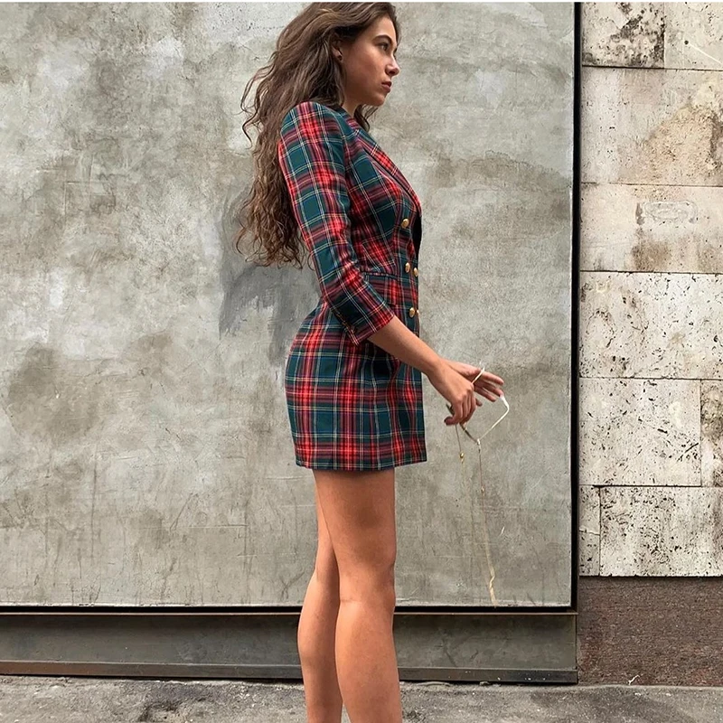 Женский двубортный Блейзер JuneLove осенний с длинным рукавом в клетку винтажном