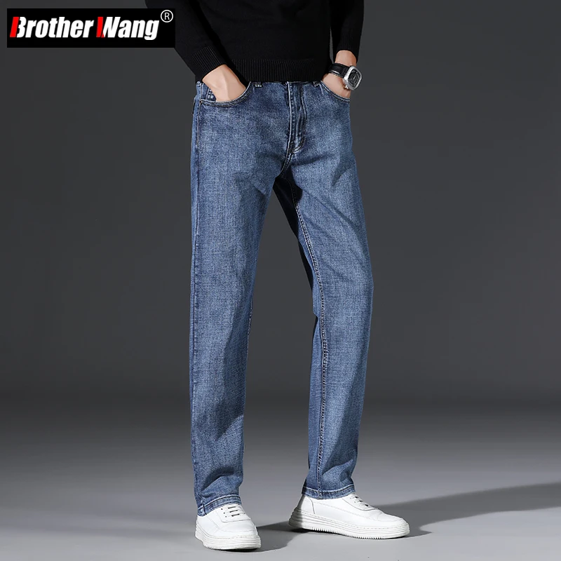 

Brother Wang 2021 Autumn New Men's Retro Blue Regular Fit Business Jeans Classic Style Slim-fit Stretch Denim Pants Male Brand