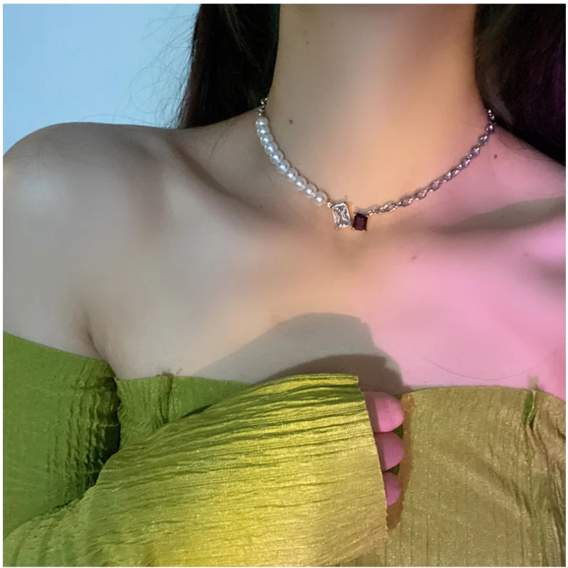 

Delicate Jewelry Glass Pendant Necklace 2021 New Design Simulated Pearl Splicing Chain Necklace For Girl Fine Accessories