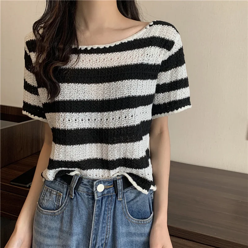 

Women Summer Striped Thin Loose Sweater Pullover New Korean Fashion Female Short Sleeve Knitted T-shirt Pull Femme