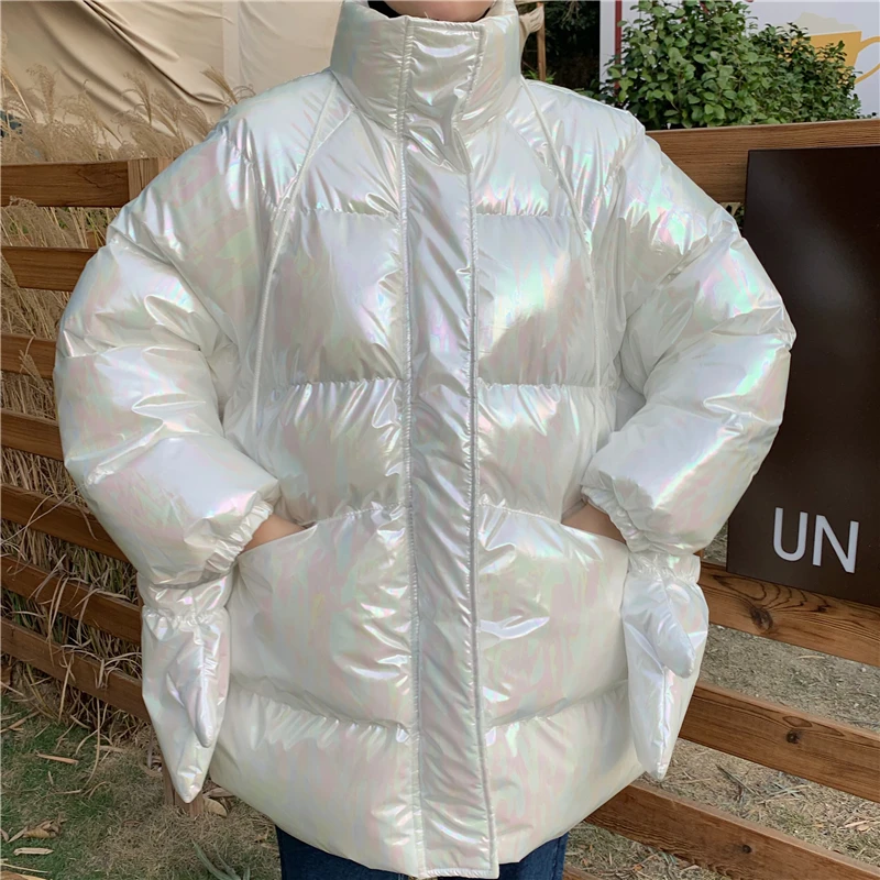 

2021 Winter Glossy Down Parka Waterproof Reflective Jacket For Women Fashion Popular Coat Loose Harajuku Coat Female with gloves