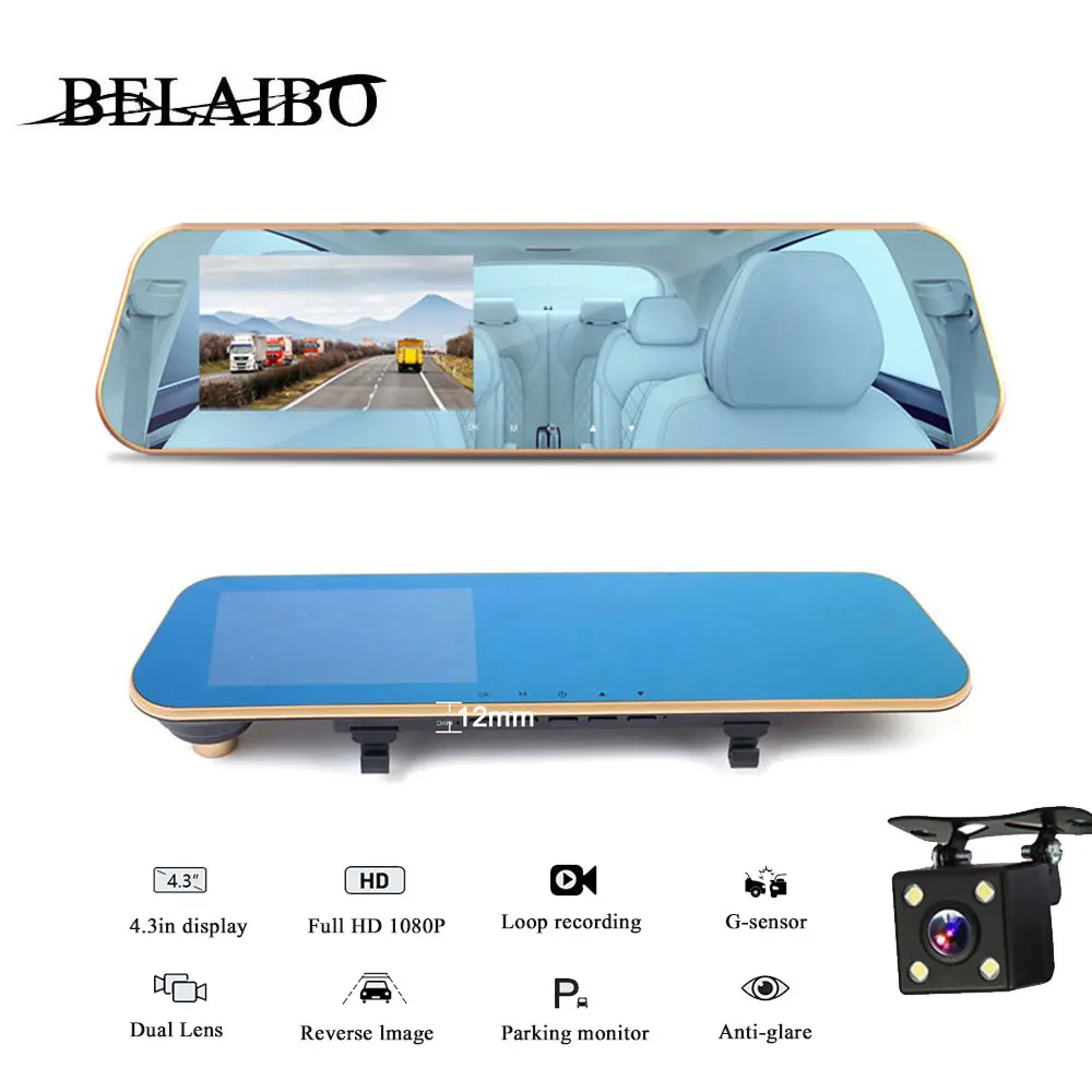 Автомобильный видеорегистратор зеркальный 4 3 дюйма HD 1080P камера с датчиком