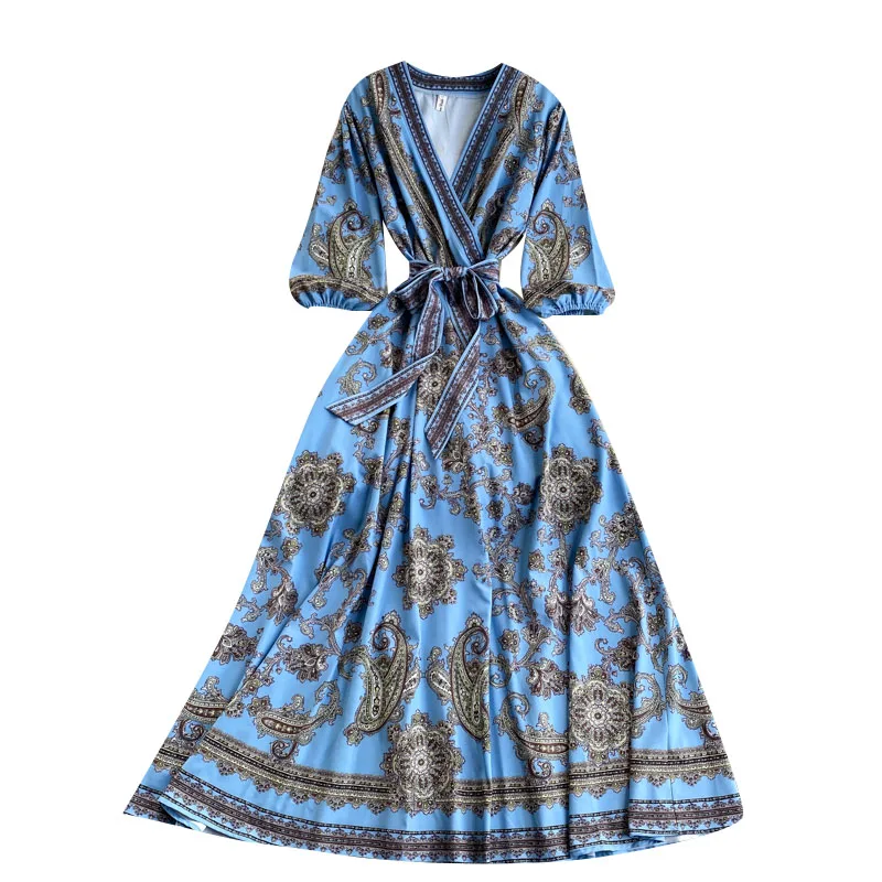 

Summer New Fashion Retro Printing Maxi Vestidos Women's Holiday Temperament V-neck Puff Sleeve Lace-up Waist Dress GL641