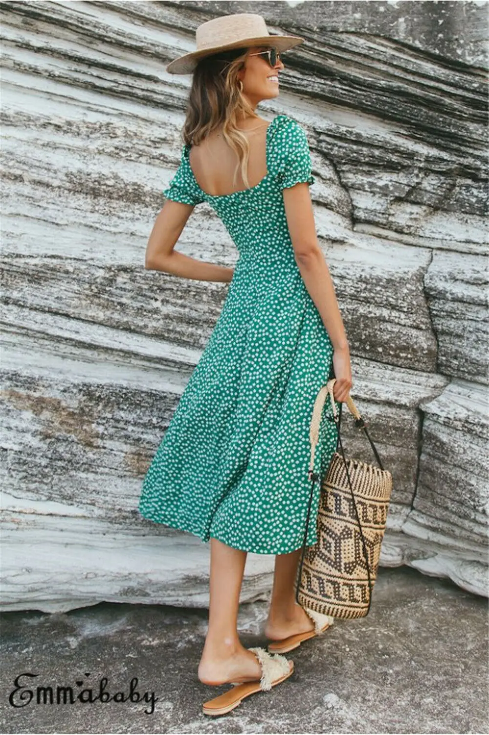 Women Summer Boho V-Neck Polka Dot Print Dress Evening Party Knee Length Beach Dresses Green White Sundress | Женская одежда