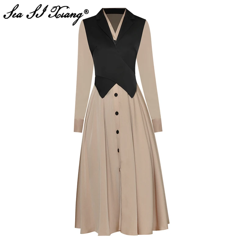 

Seasixiang Fashion Designer Autumn Dress Women V-Neck Long Sleeve Single Breasted Hit the Color Big pendulum Dresses