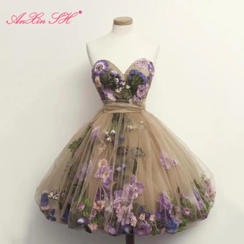 

AnXin SH princess purple daisies strapless champagne lace ball gown evening dress vintage red rose green leaf little white dress