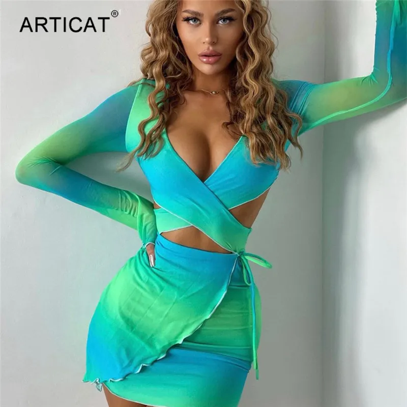 

Articat Summer Tie dye Mesh V-neck Mini Dress Women Long Flared Sleeve Hollow Out Skinny Dresses Ruffle Sexy Party Club Vestidos