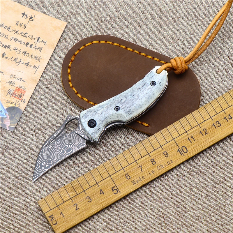 

Damascus Steel Mini Folding Knife Cattle Bone Handle Outdoor Camping Fruit Hunting Blade Sharp High Hardness EDC Tool Gift