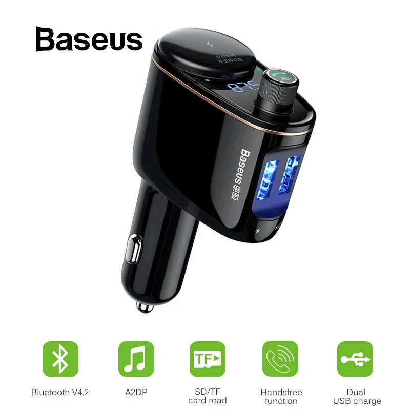 Автомобильный fm-передатчик Baseus, Bluetooth, гарнитура, автомобильный комплект, двойной USB выход с расширением прикуривателя, аудио MP3 плеер