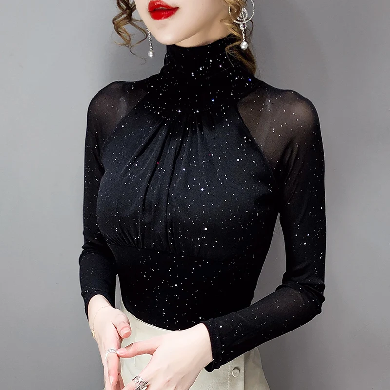

New 2021 Autumn Women's T-Shirt Fashion Casual Long Sleeve Turtleneck Black Mesh Tops High-end Sexy Retro Shirt