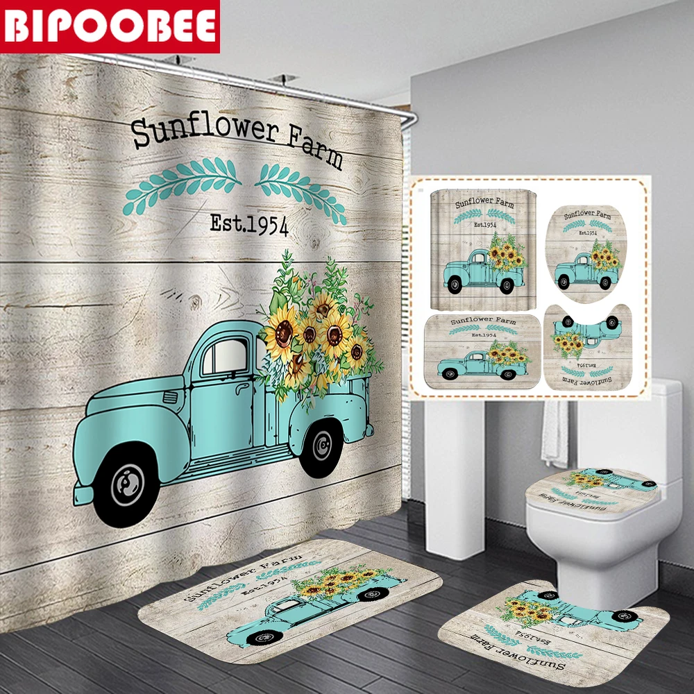 

Sunflowers Farm Print Bathroom Shower Curtain Set Autumn Harvest Truck Bath Mats Toilet Lid Cover Non-slip Rug Bathtub Curtains