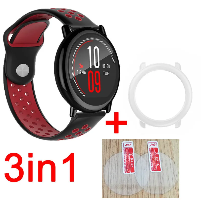 black red-white 3в1 Huami Amazfit Stratos pace ремешок Смарт часы силиконовые полосы браслет ремень для xiaomi Huami Amazfit стекло Защита экрана - Цвет: black red-white