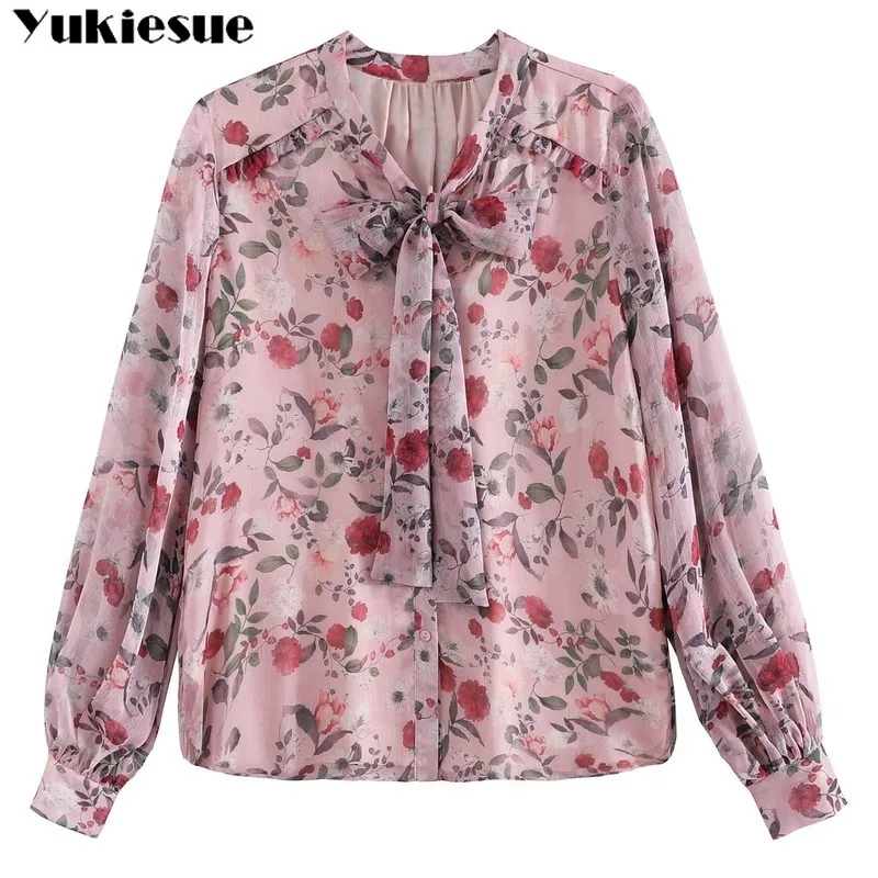 

2020 summer Fashion Women Chiffon Blouses Casual bow Collar Floral Women Clothing Long Sleeve Printed shirt Women Tops shirts