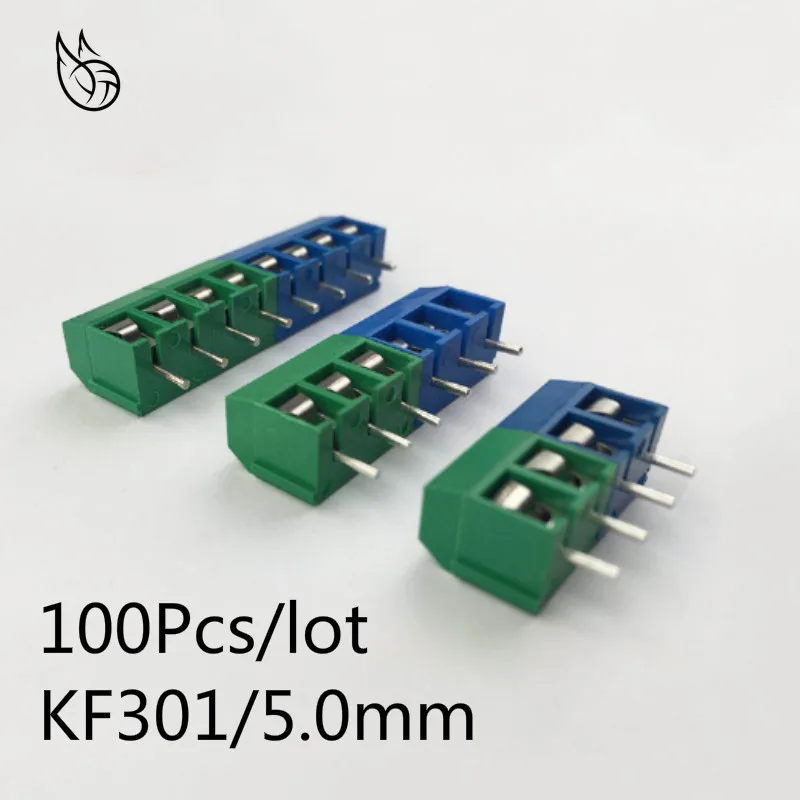 100Pcs/lot KF301-5.0-2P KF301-3P KF301-4P Pitch 5.0mm Straight Pin 2P 3P 4P Screw PCB Terminal Block Connector Blue Green