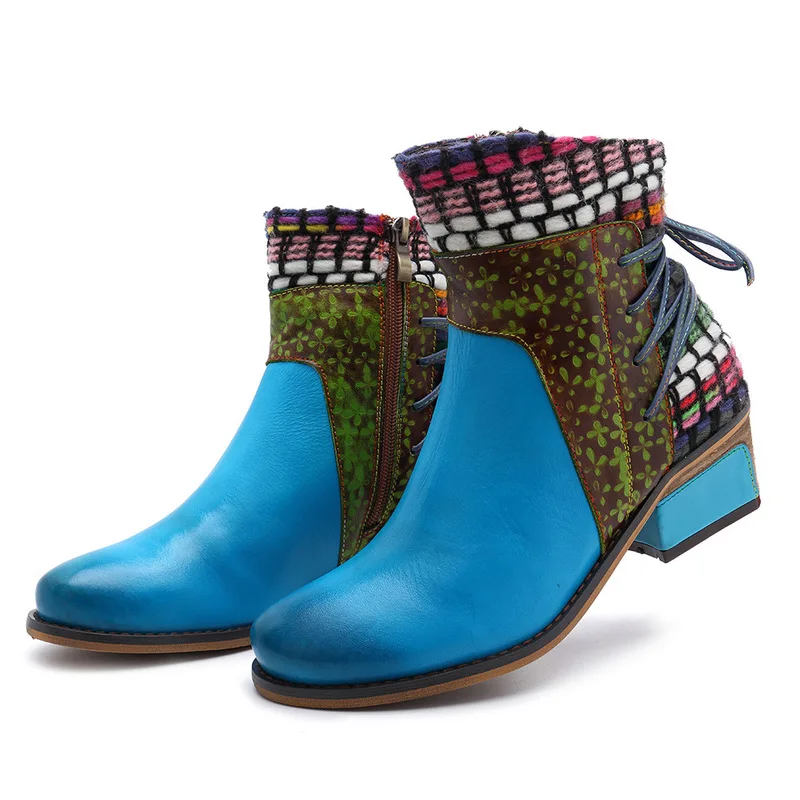 Bohemian Style Genuine Leather Hand-Painted Vintage Casual Ladies Ankle Boots Western Cowboy Motorcycle Ankle Boots for Female