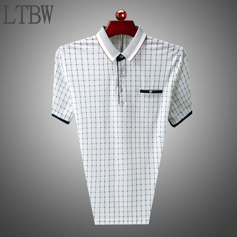 

LTBW New Men Lapel Short Sleeve Casual Business Work Fashion Trend Wild Striped Plaid Polo Men Summer