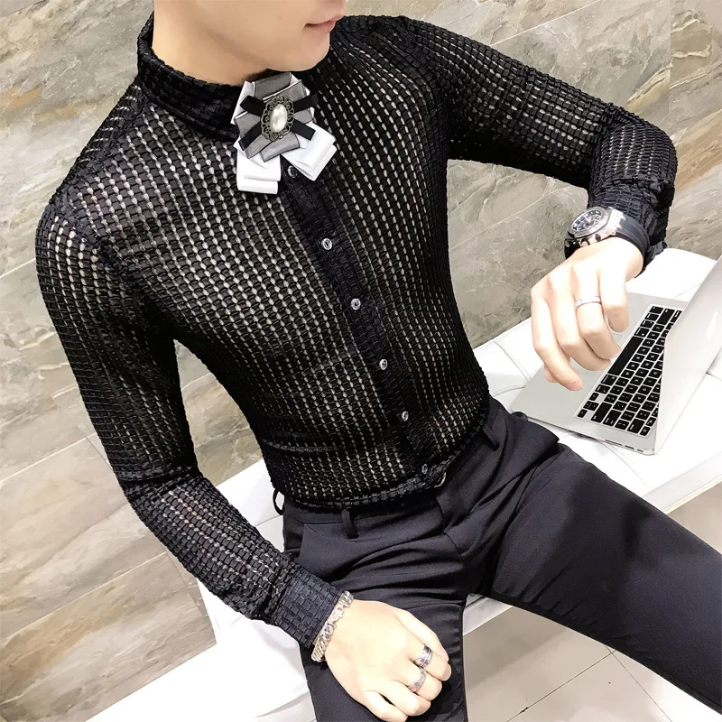 Платье рубашка Для мужчин See Through модная дизайнерская Повседневная Slim Fit с длинным