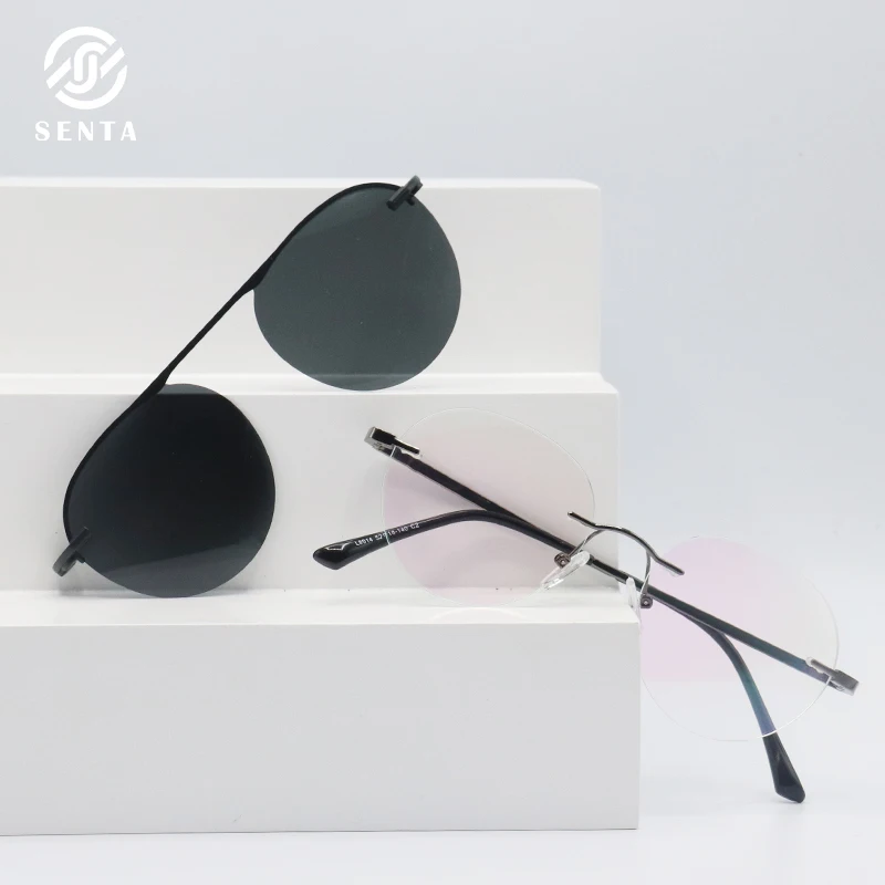 

Senta Retro Round Glasses Frames Metal Frameless Prescription Man 2 In 1 Magnet Polarized Clip On Eyewear Myopia Hyperopia L8014
