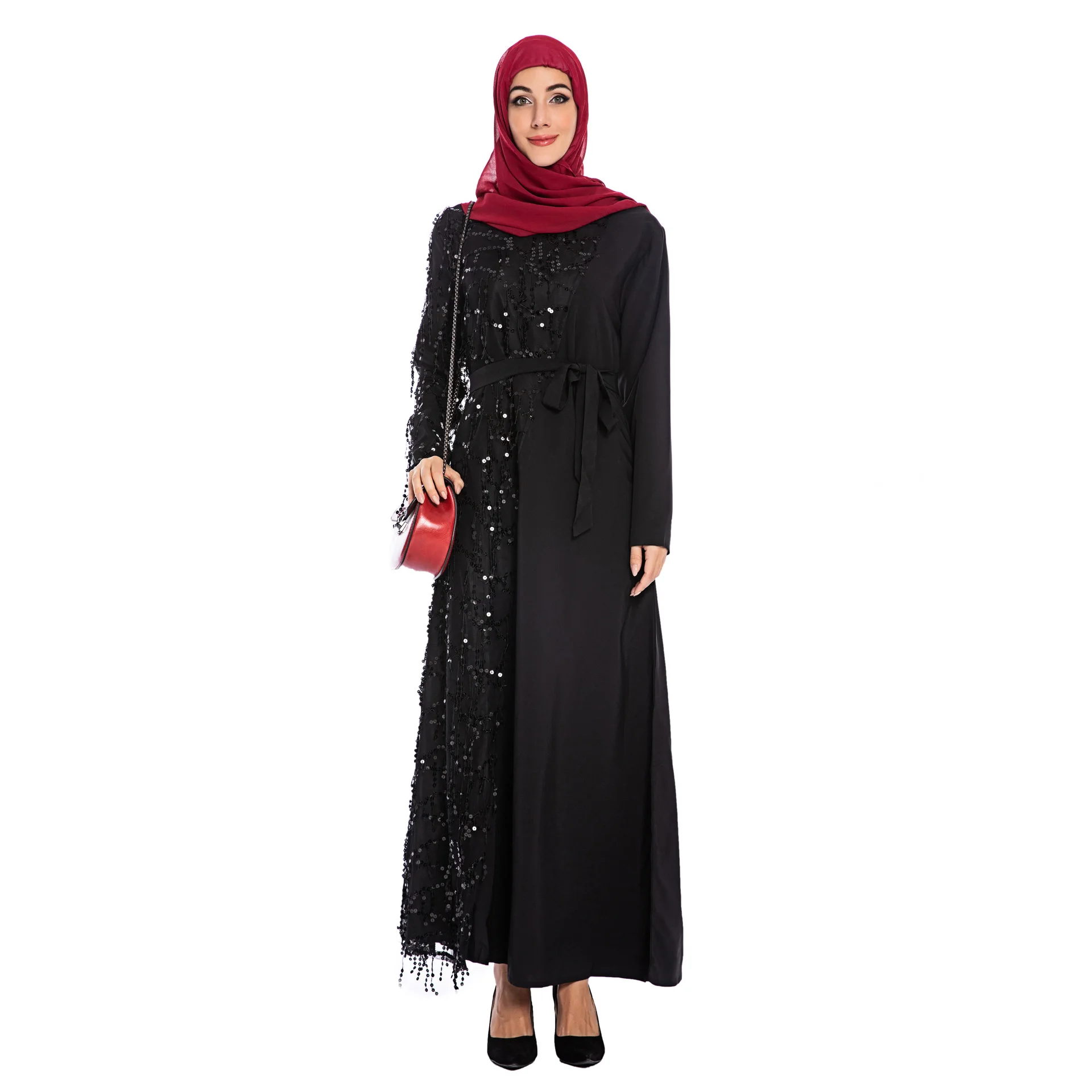 

O-neck Fashion Stitching Sequins Tassel Muslim Long Robes with Sashes High Waist Long Sleeve Maxi Dresses Women Clothes TA6168