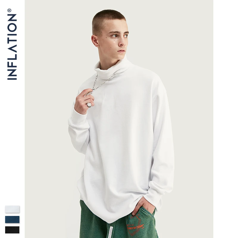 Мужская футболка с длинным рукавом, уличная футболка с высоким воротником в стиле ретро, пуловер, Мужская футболка в стиле хип-хоп, черная белая мужская футболка 91511W