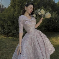 le palais vintage 2021 new fashion embossed rose pink dresses women short sleeve elegant v neck collect waist dress ball gown