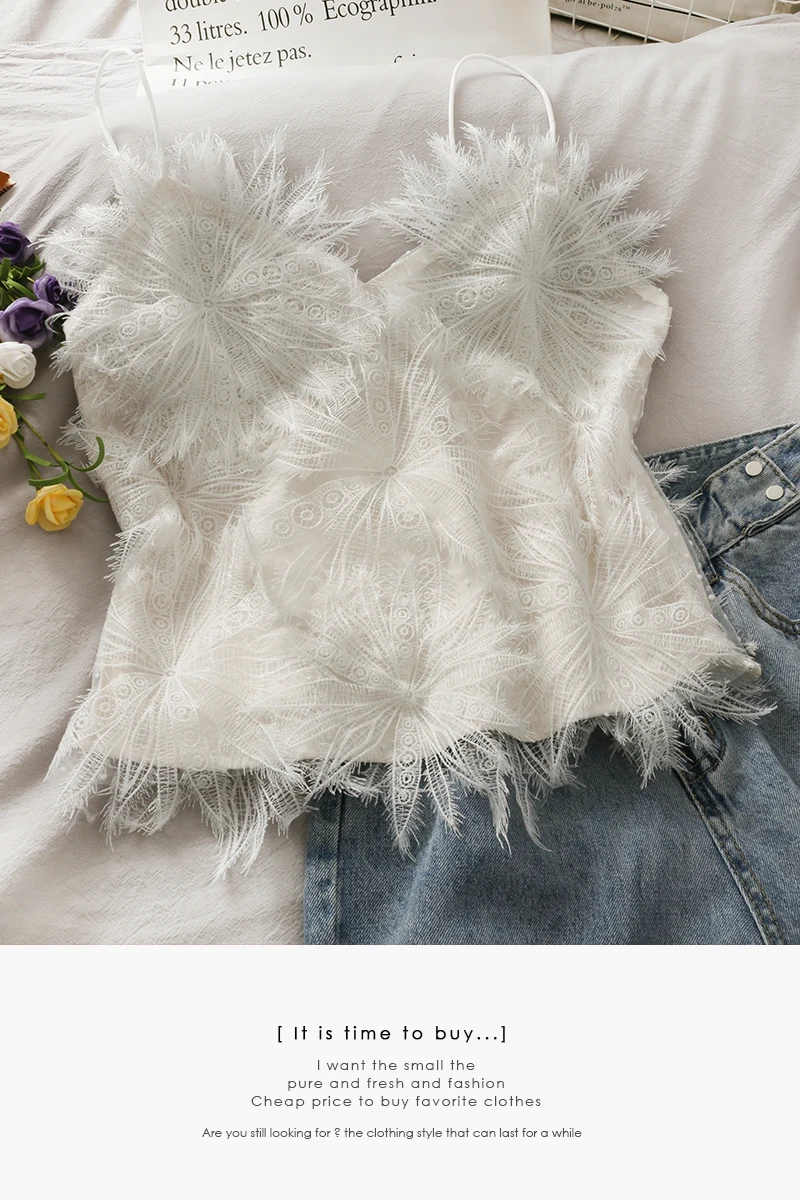 

Super Fairy Lace Feather Flower Stitching Short Camisole for Women 2021 New Sexy Slim Elegant Sleeveless All-Match Strap Vest