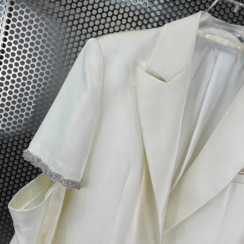 

VGH Elegant Patchwork Diamonds Hollow Out Blazer For Women Notched Long Sleeve Straight Loose Blazers Female Spring 2021 Stylish