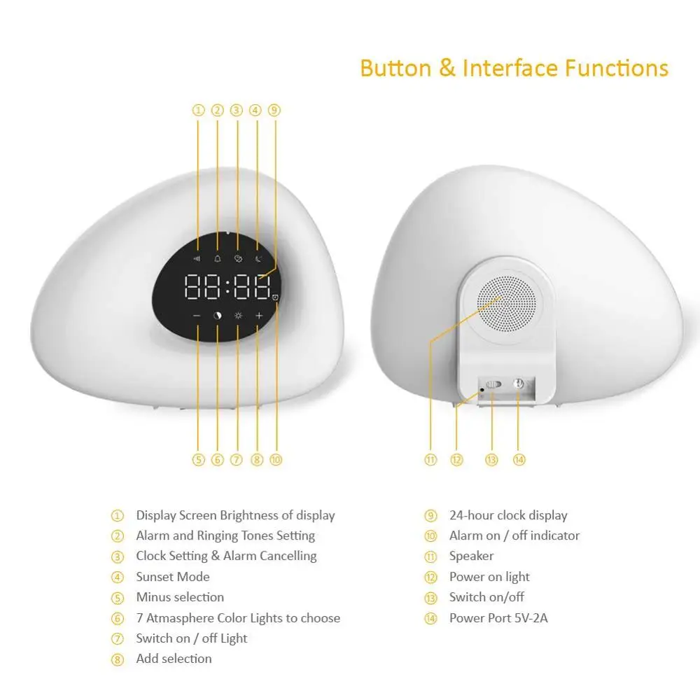 

Alarm Clock Wake up Light Sunrise Sunset Simulation with 10 Nature Sounds 7 Colors Light Touch Control RGB Dimmable Night Lamp