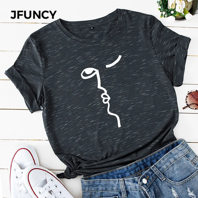 

JFUNCY Abstract Face Print Plus Size Loose Women T-shirts Summer Casual Cotton Tshirt Unisex Lady Girl Harajuku Graphic Tee Tops