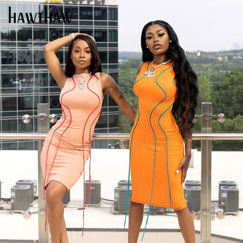 

Hawthaw Women Fashion Summer Sleeveless Soild Color Bodycon Package Hip Pencil Dress Sundress 2021 Female Clothing Streetwear