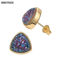 shinygem 1010mm triangle shape sparkling natural crystal druzy stud earrings gold plating geode gem stone earrings for women