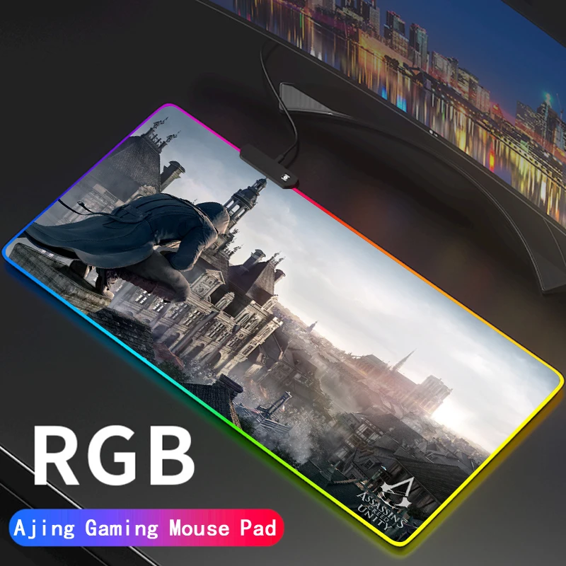 

Игровой большой коврик для мыши Assassin's Creed RGB, светодиодный компьютерный коврик для мыши с подсветкой, коврик для клавиатуры, Настольный ковр...