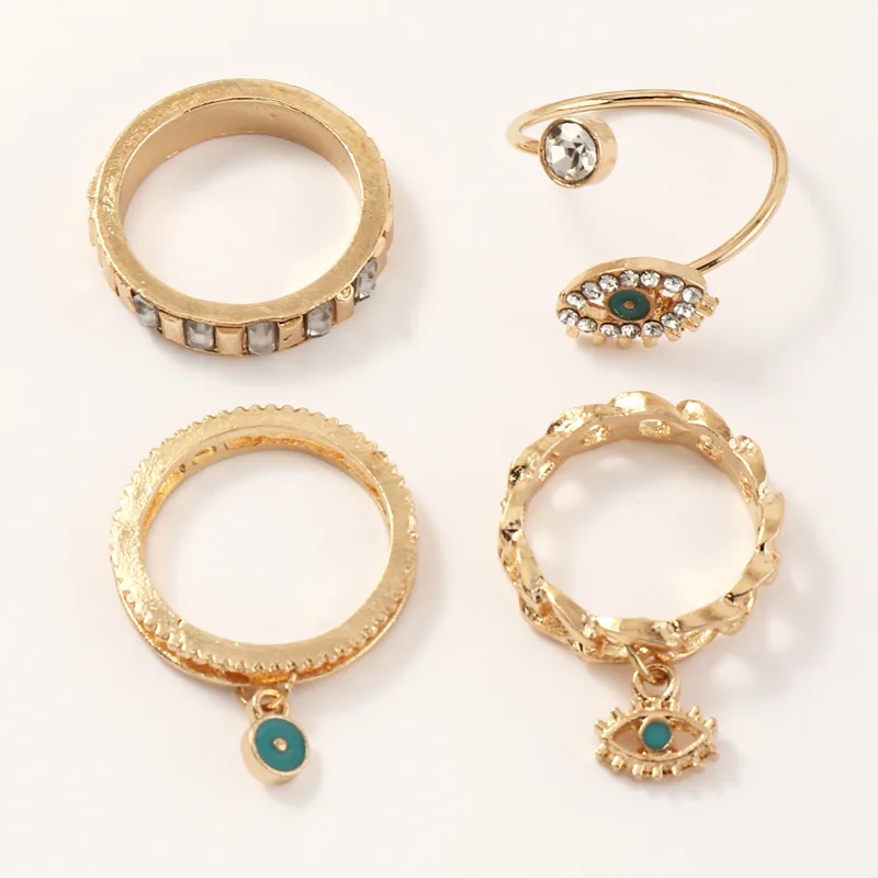 

4pcs/set Punk Golden Demon Evil Eye Tassel Charm Rings Set Zircon Enamel Hollow Chain Geometric Finger Rings Women Jewelry Gift