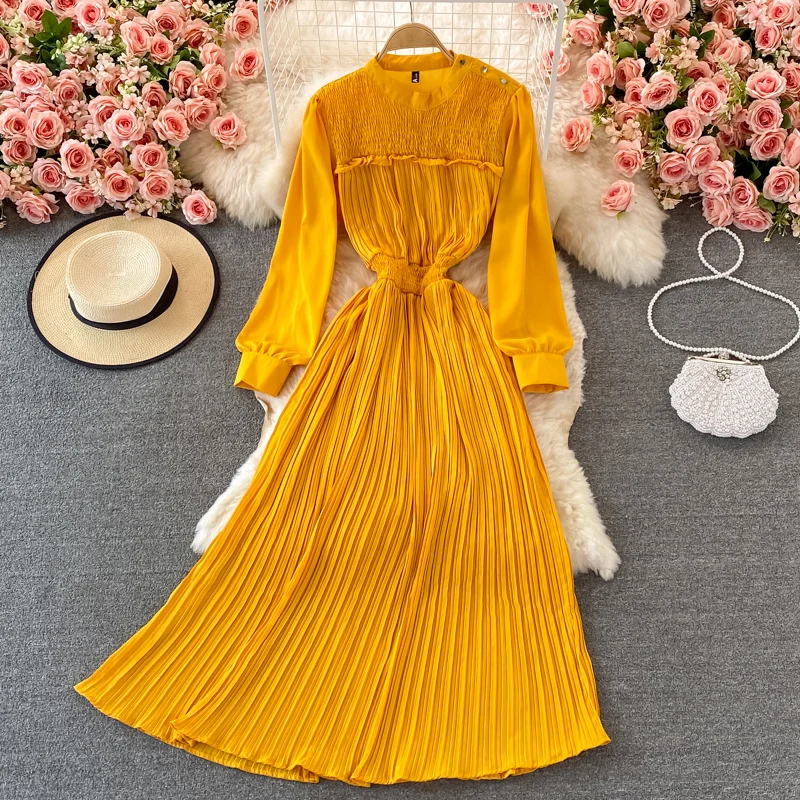 

2021 Women Long Dress Crimping Ruffles Slim Full Sleeves Long Dress Urban Ladies Chiffon Dress Tunic Pleated Swing Dress Autumn