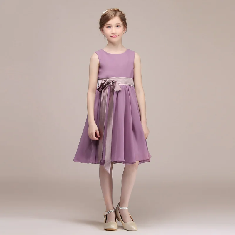 

A-line Knee-length Princess Chiffon Purple Short Junior Bridesmaid Dresses With Sash 2019 New Kids Special Occasion Dresses