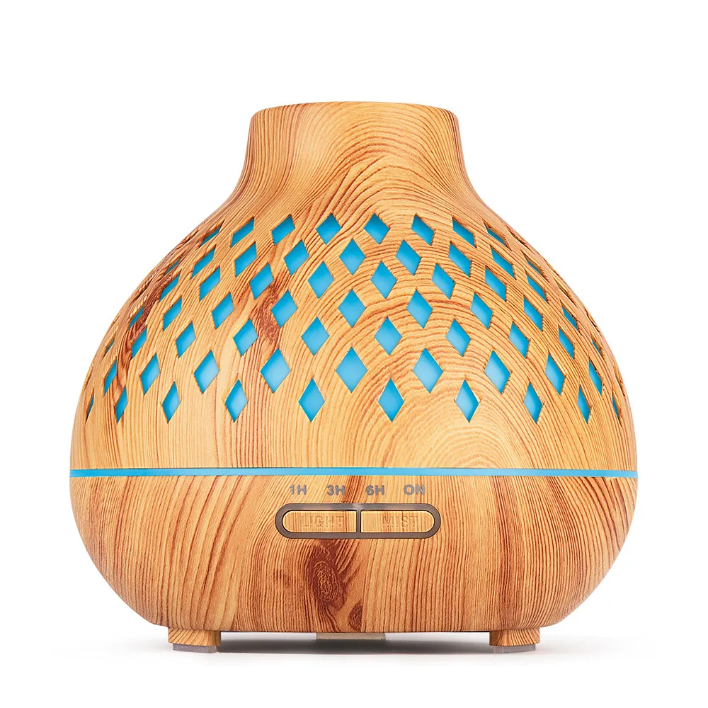 

400ML Cold Mist Air Humidifier With Automatic Power Off At Regular Time LED Light Wood Color Hollow Air Purifier