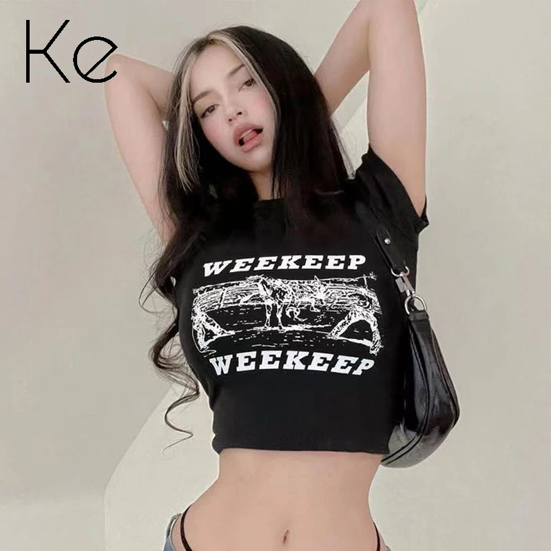 

KE 2021 new women's European and American style fashion printed short-sleeved T-shirt women's umbilical slim bottoming short top