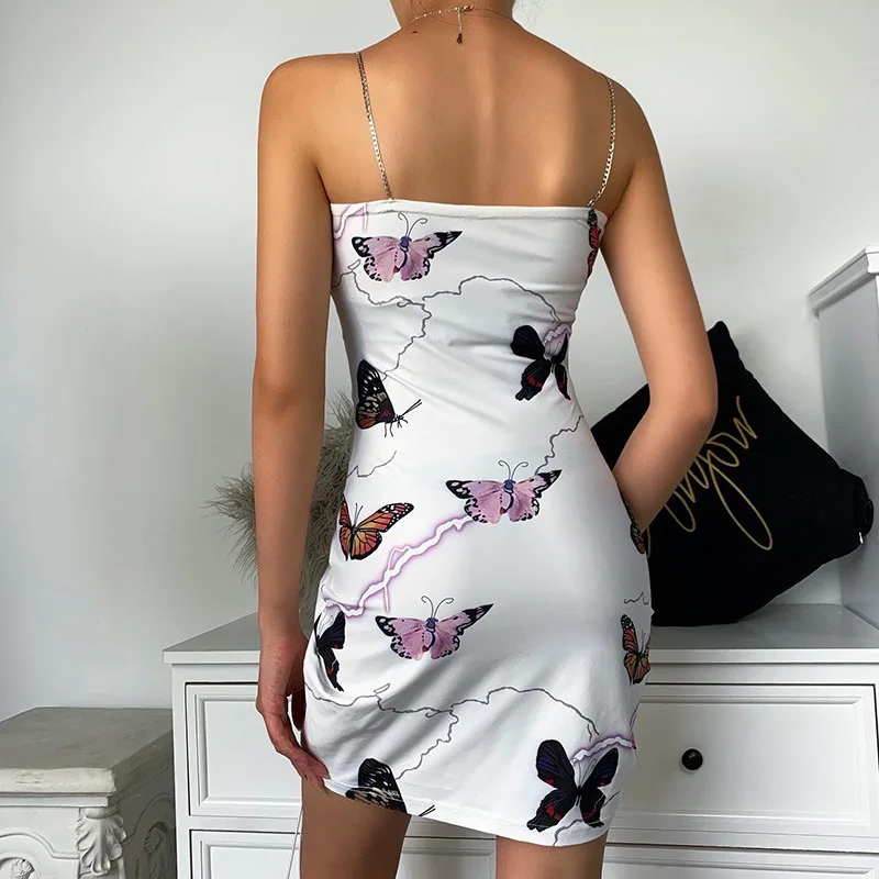 

Women's Butterfly Printed Sexy Close-fitting Strap Shoulder Fashion Sling Dress Female 2021 Summer Streetwears Bag-butt Skirts