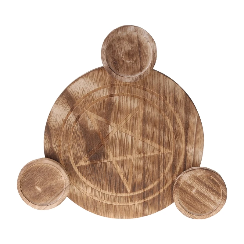

K1KD Wooden Candle Holder Astrology Pentacle Altar Plate Divination Magic Candlestick Table Energy Ornaments Tarot Supplies