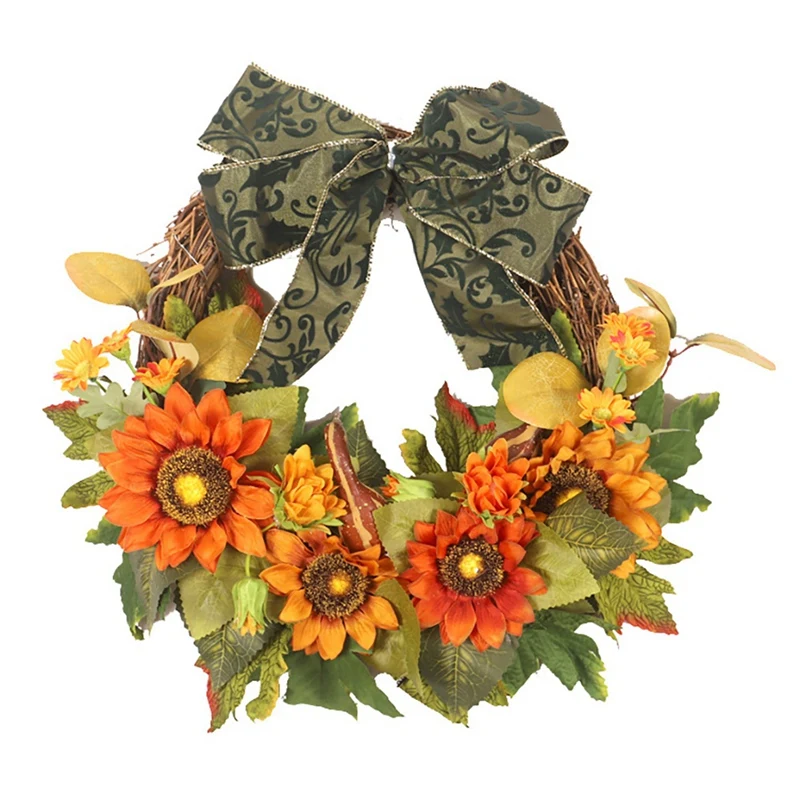 

Autumn Fall Harvest Wreath with Sunflowers Pumpkins Maple Leaves Bowknot Artificial Wreath for Thanksgiving Door Decor