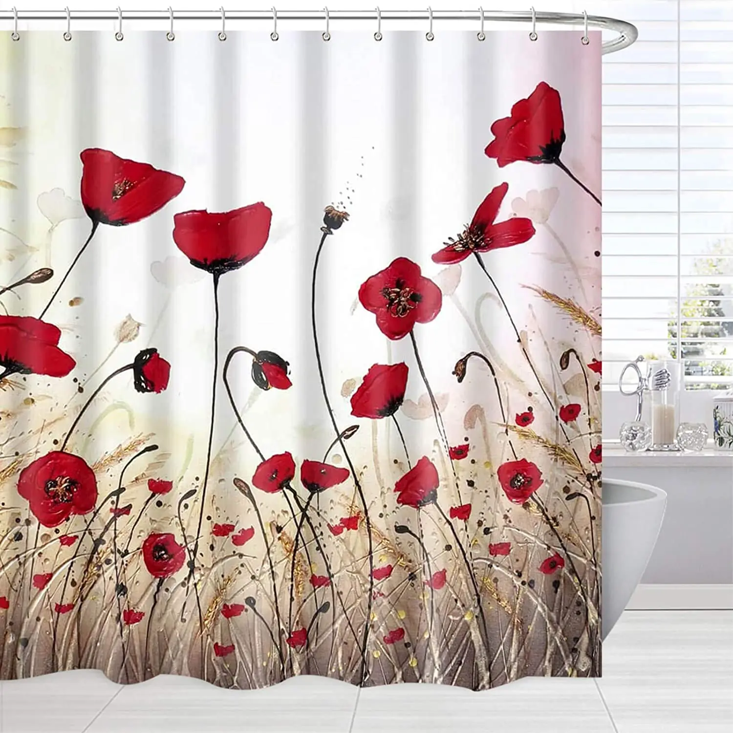 

Flower Fabric Shower Curtains Poppy Floral Shower Curtains for Bathroom Waterproof Washable Red Bthroom Decor Set with Hooks