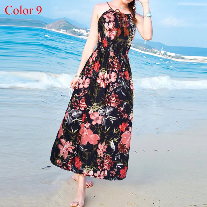 

Women Summer Dress Fad Spaghetti Strap Beach Dress Women Sleeveless Boho Summer Beach Dress Elastic Waist Long Dresses Sundress